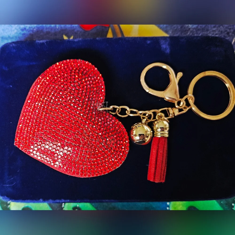 Red Rhinestone Bling Heart Keychain Purse Charm with Tassel & Gold Ball -16